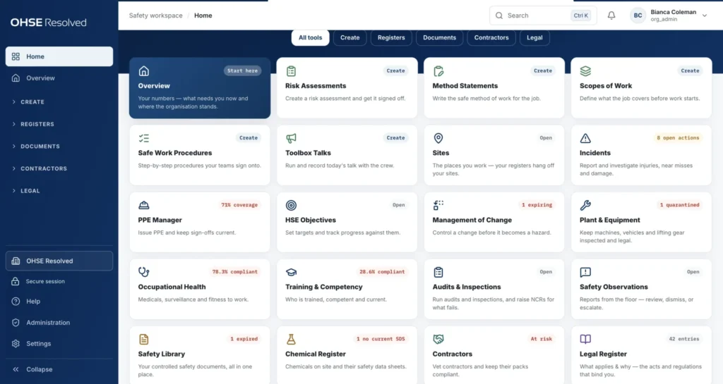 OHSE Assistant — every tool on one Home screen
