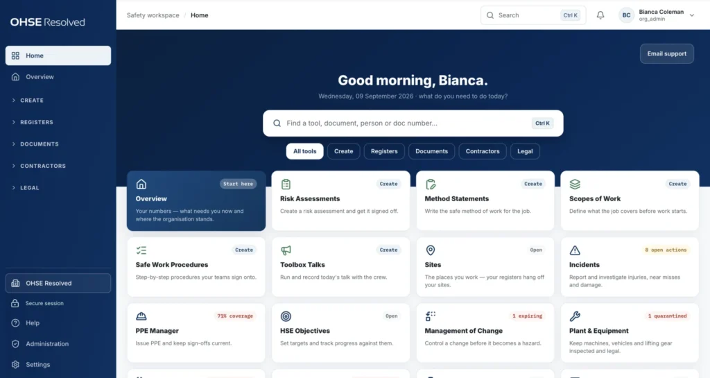 OHSE Assistant home screen listing every tool