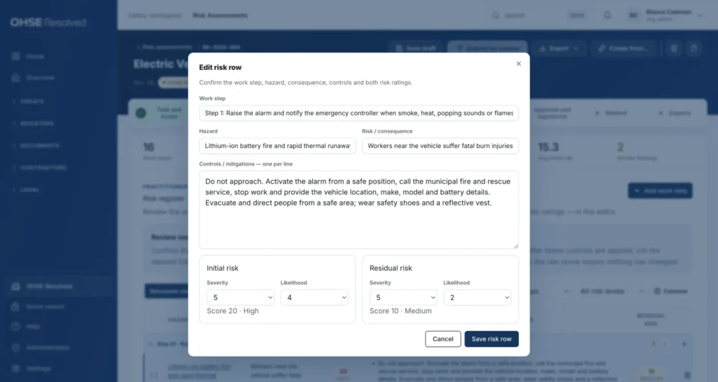 OHSE Assistant plan the work — Edit the hazard row itself.