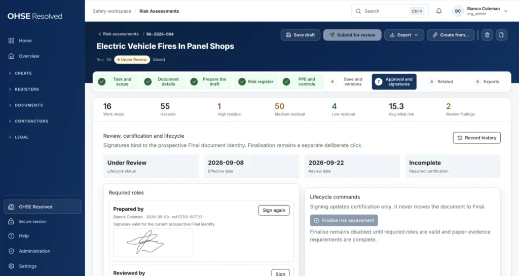 OHSE Assistant plan the work — Sign-off locked to the version people read.