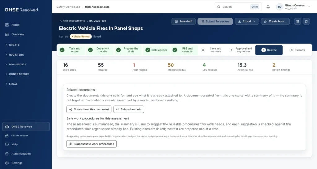 OHSE Assistant plan the work — Every document knows what it created.