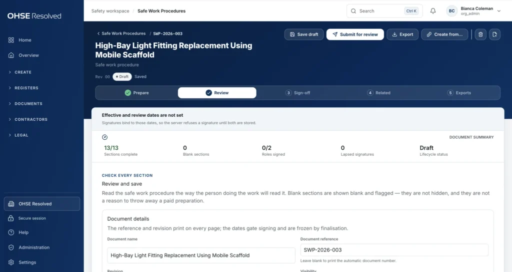 OHSE Assistant turn control into procedure — Procedures people can read, review and sign onto.