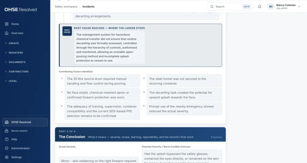 OHSE Assistant investigate and control change — Root cause, traceable to the actions.