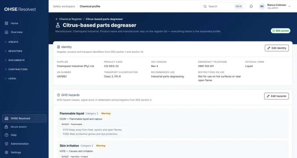 OHSE Assistant control chemicals — From a chemical list to the substance and its evidence.