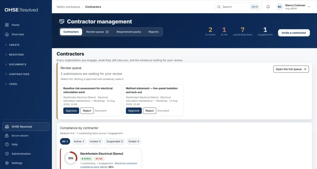OHSE Assistant manage contractors — Every contractor, what they still owe you, and what is waiting for review.