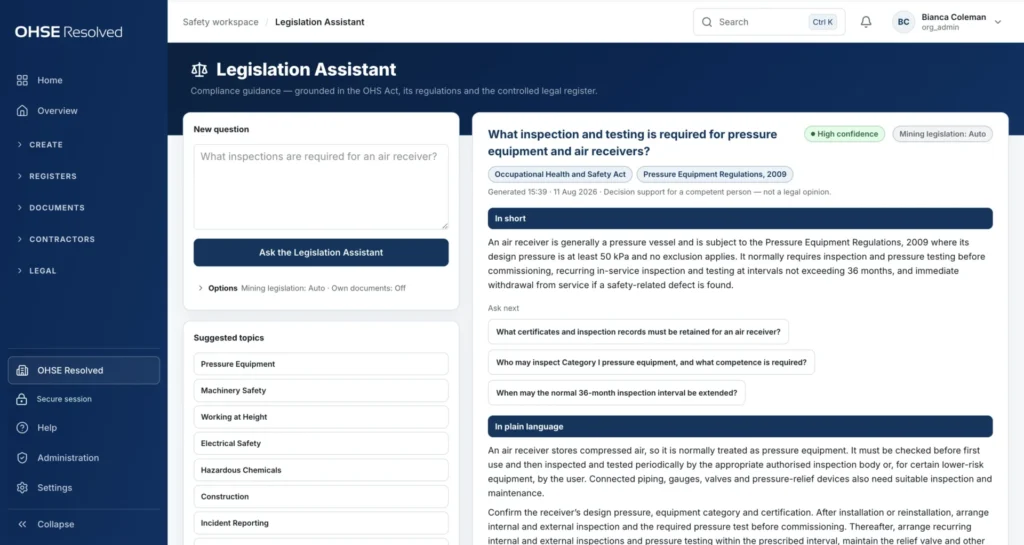 OHSE Assistant know what the law requires — Ask the law a question. Get a sourced answer.