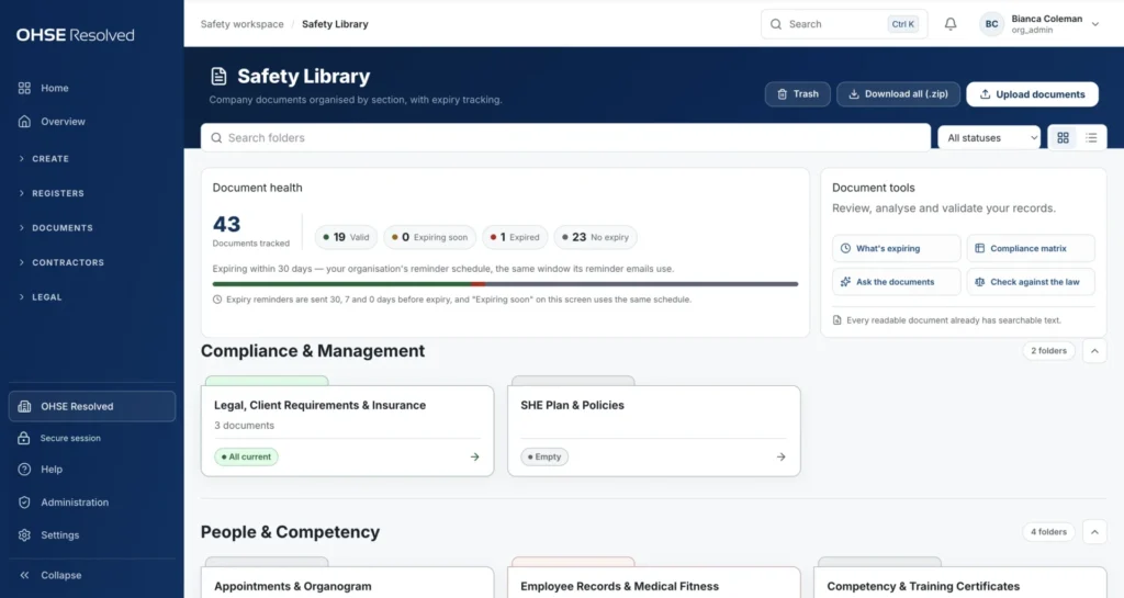 OHSE Assistant control the evidence — One controlled library behind every register.