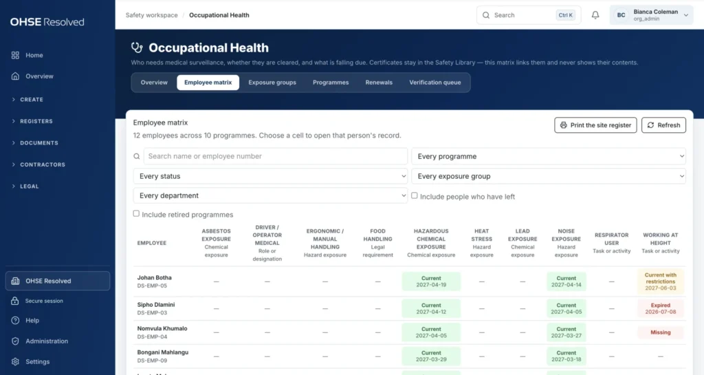 OHSE Assistant protect people — Medical surveillance status without the medical detail.