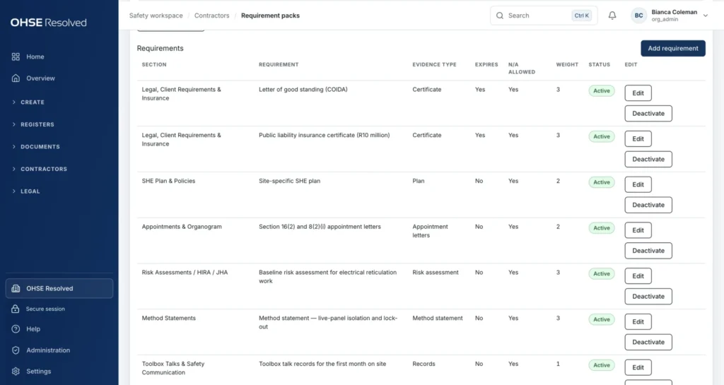 OHSE Assistant manage contractors — Requirement packs: define once what every contractor must submit.
