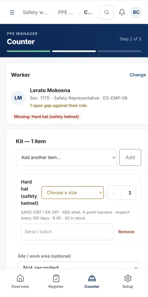 OHSE Assistant on a phone — Issue PPE at the counter