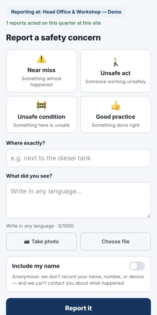 OHSE Assistant on a phone — Report a concern from a poster