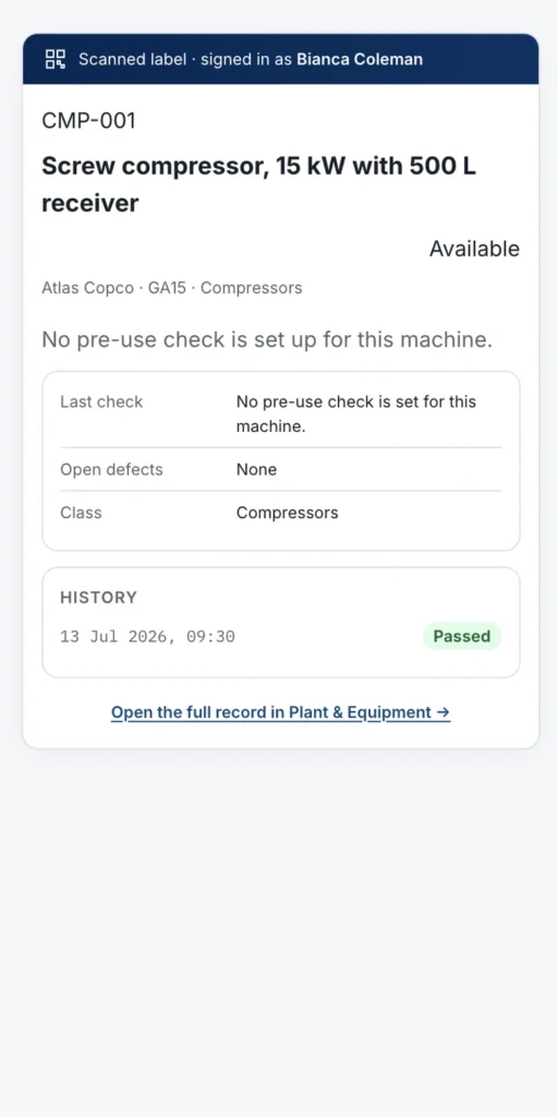 OHSE Assistant on a phone — Scan a machine before using it