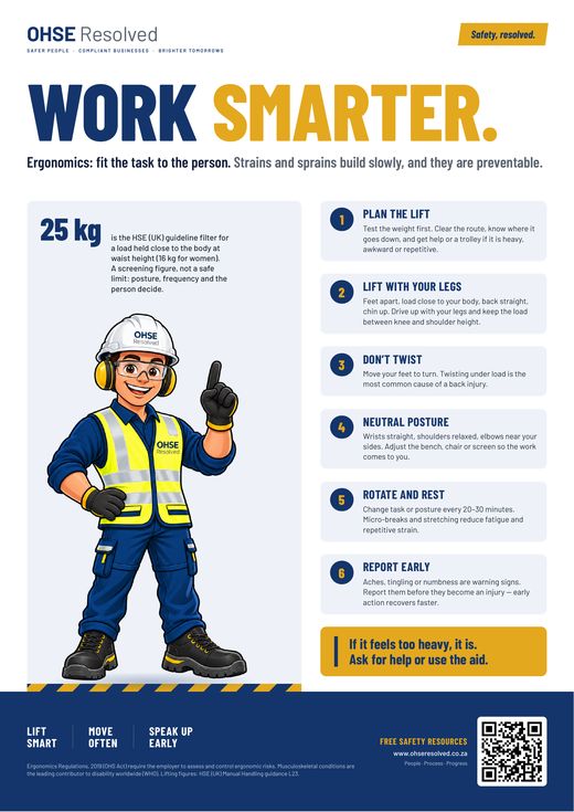 Work Smarter. safety poster by OHSE Resolved: ergonomics