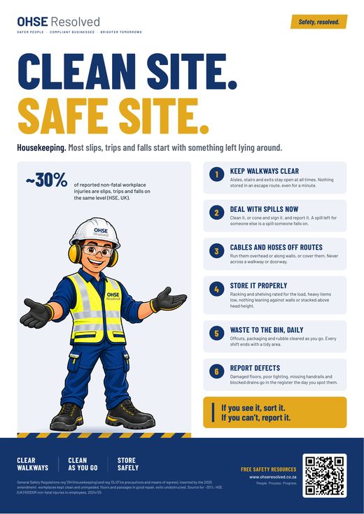 Clean Site. Safe Site. safety poster by OHSE Resolved: housekeeping