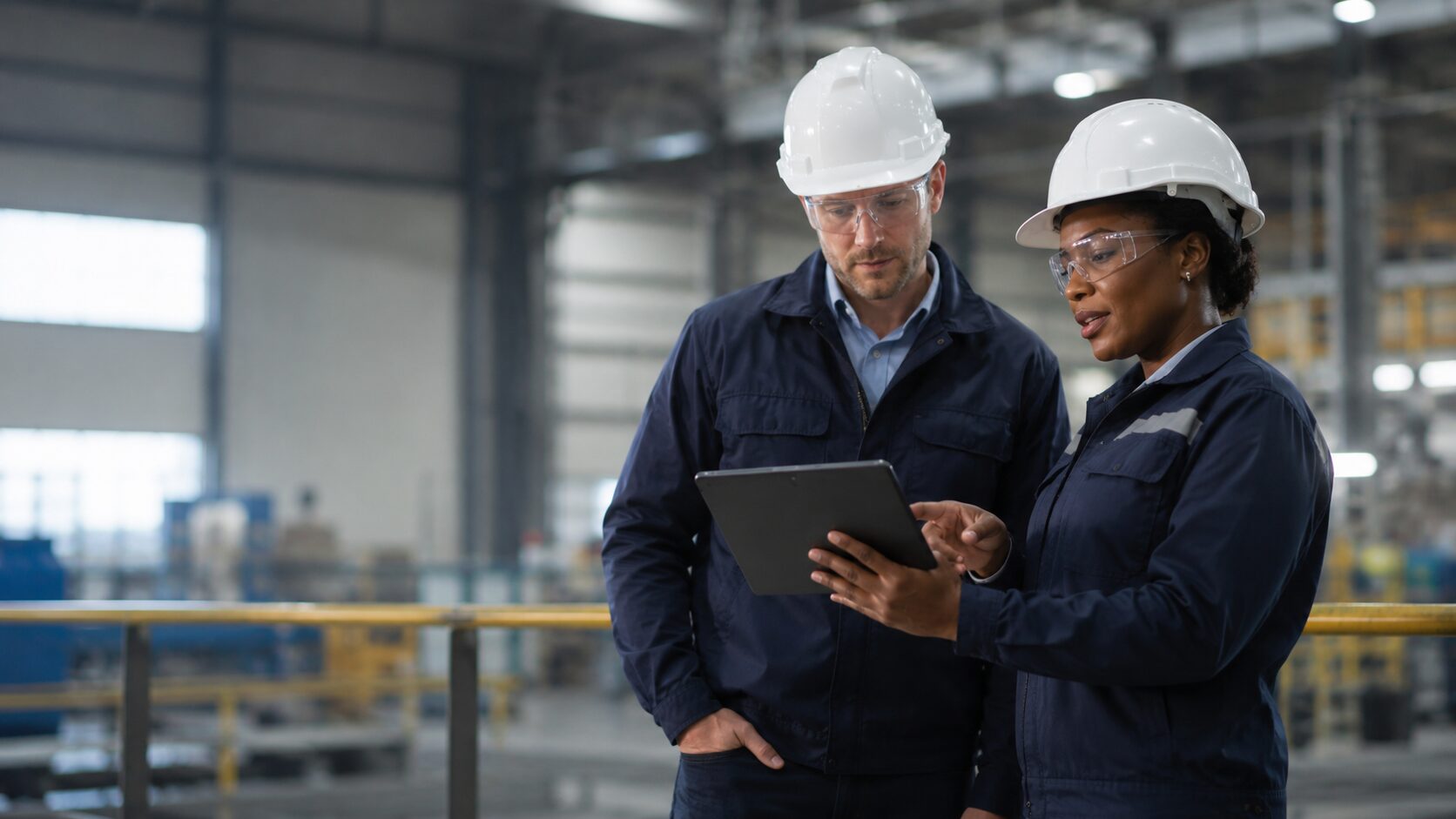 Safety professionals reviewing a tablet on the factory floor